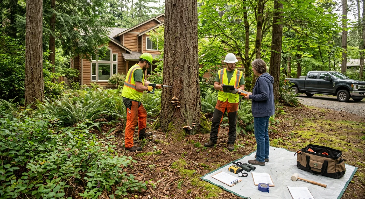 Wide shot of a wooded Sammamish backyard lot being surveyed for tree risk