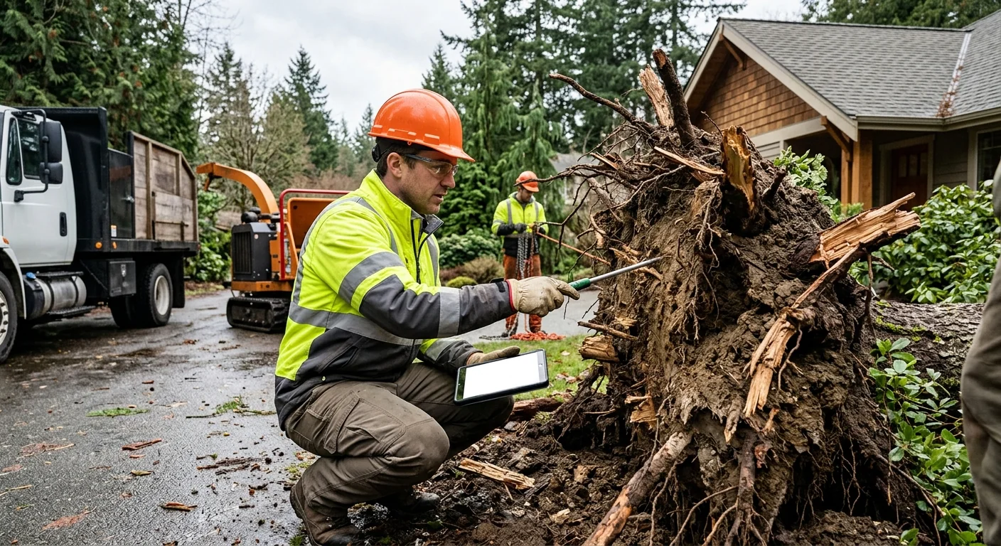 Technician inspecting exposed root plate after a winter storm in Sammamish