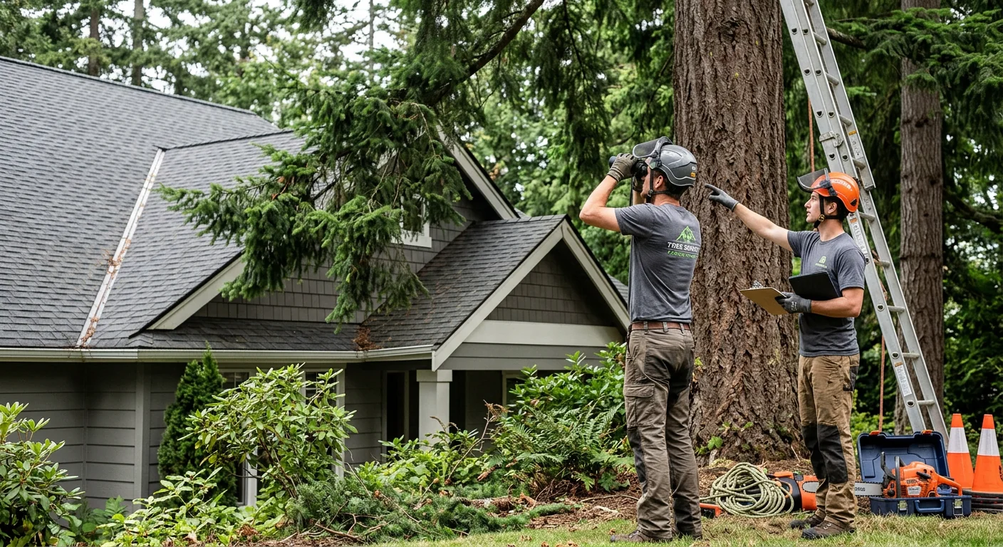 Ground-level canopy review of tall conifers near a suburban rooftop