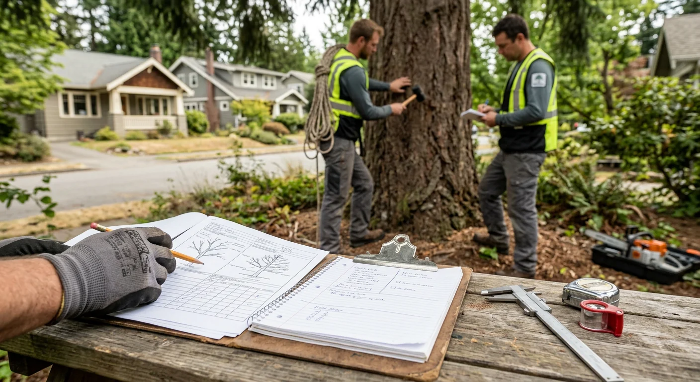 Written tree risk report and inspection notes laid out on a property