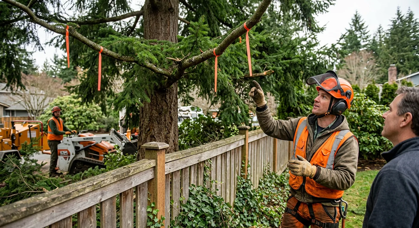 Marked hazardous limbs flagged during assessment above a Sammamish fence line