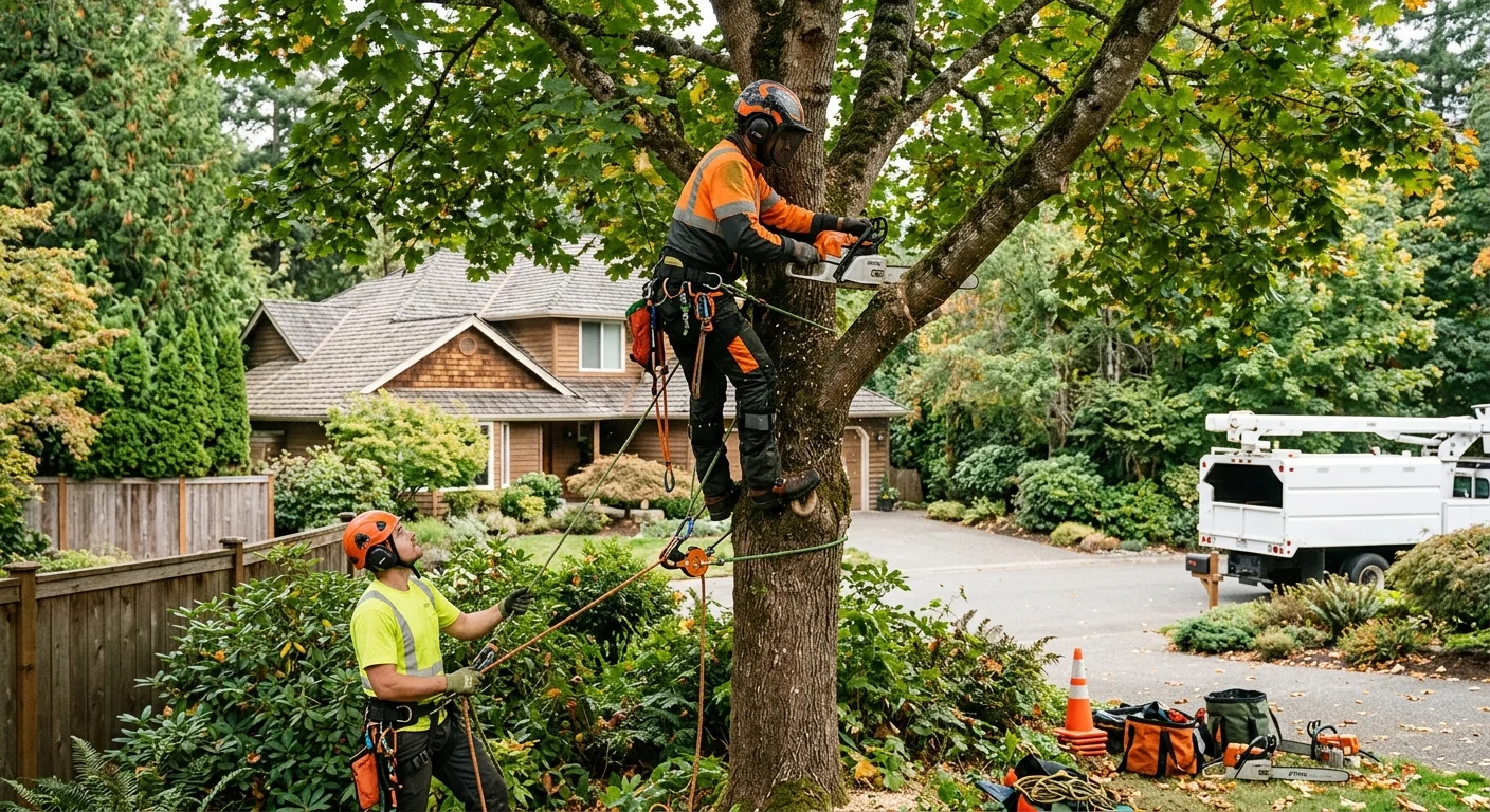 Trained arborist reviewing tree risk findings with a Sammamish homeowner beside a tall cedar