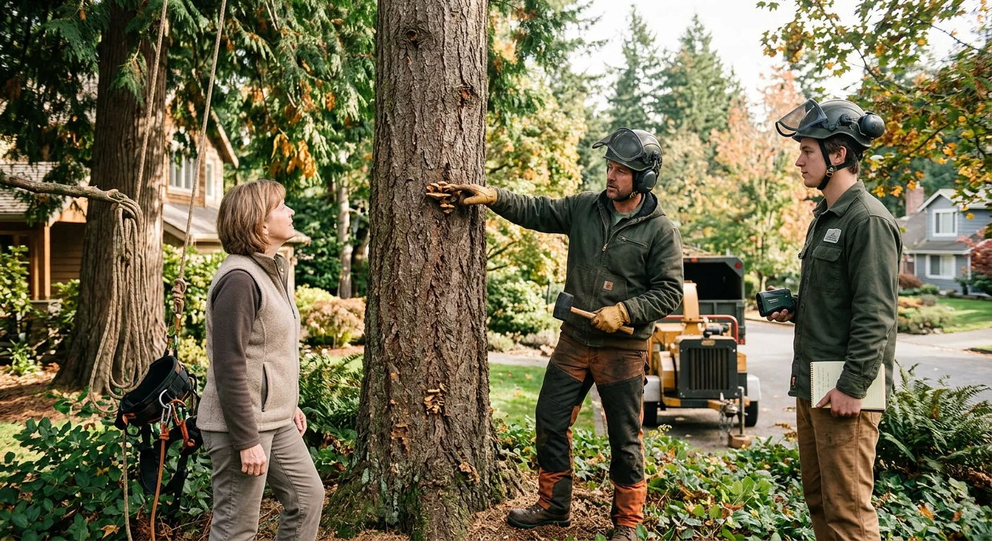 Arborist reviewing pruning plan with a homeowner beside a mature tree