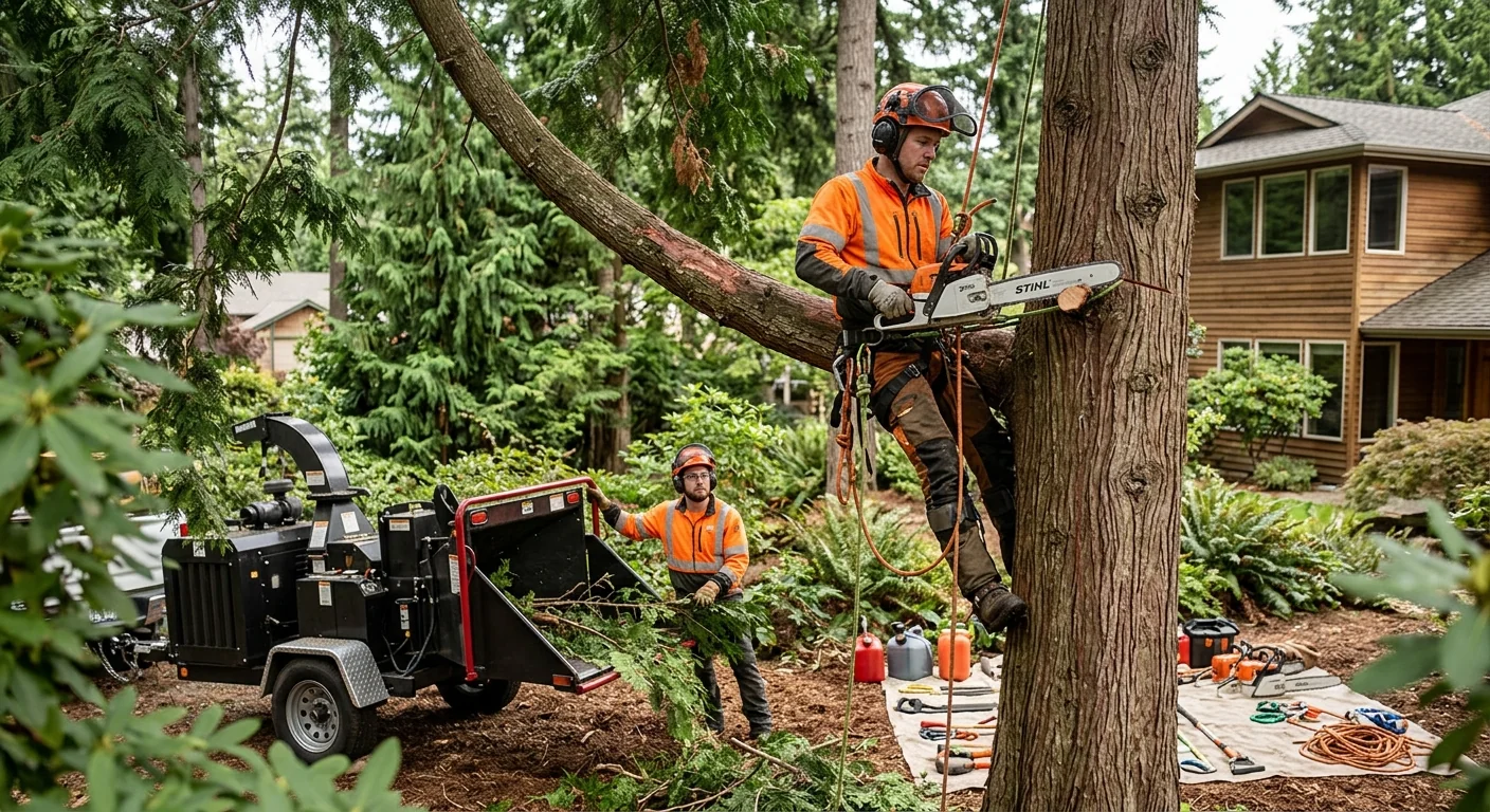 Arborist reviewing a tree removal estimate with a homeowner beside a mature evergreen in Sammamish