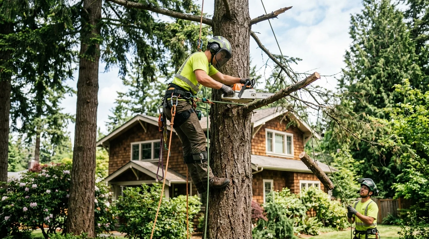Homeowner and crew member reviewing a written tree service estimate in Sammamish