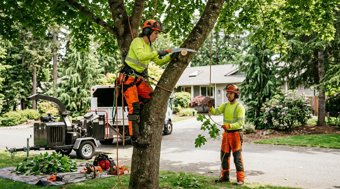 Trained technician preparing professional pruning tools before a scheduled tree service