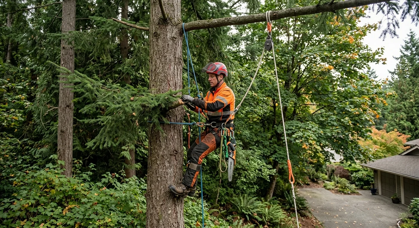 Arborist climbing a tall conifer with rigging on a wooded Sammamish lot