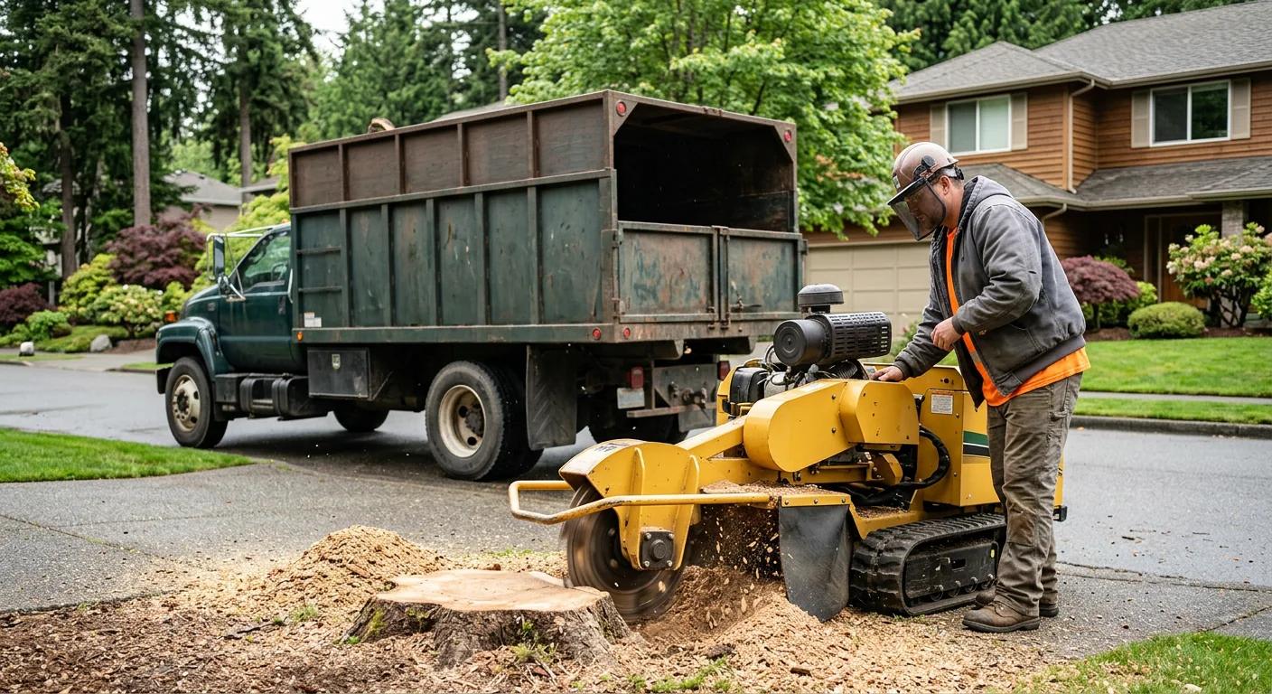 Stump grinder and chip truck staged on a suburban tree service job