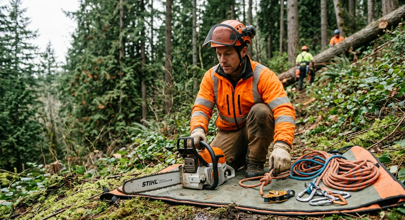Technician inspecting chainsaw and climbing ropes before a hillside removal