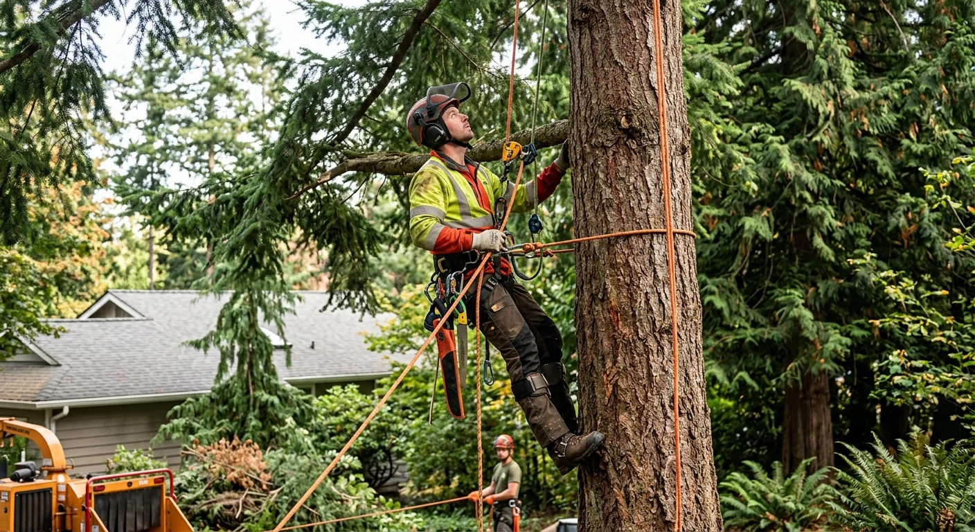 Certified arborist rope climbing a tall Douglas fir during a Sammamish tree pruning job