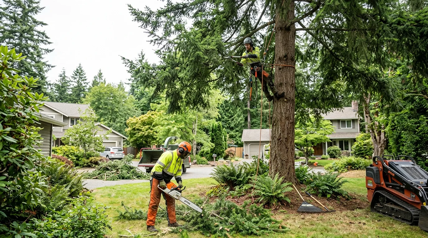 Wide shot of a residential backyard after selective canopy thinning near Sammamish homes