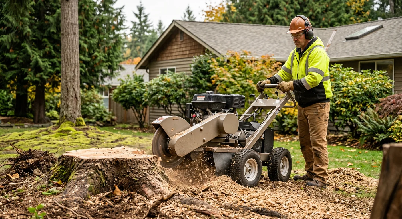 Stump grinder in action removing a large maple stump on a suburban property