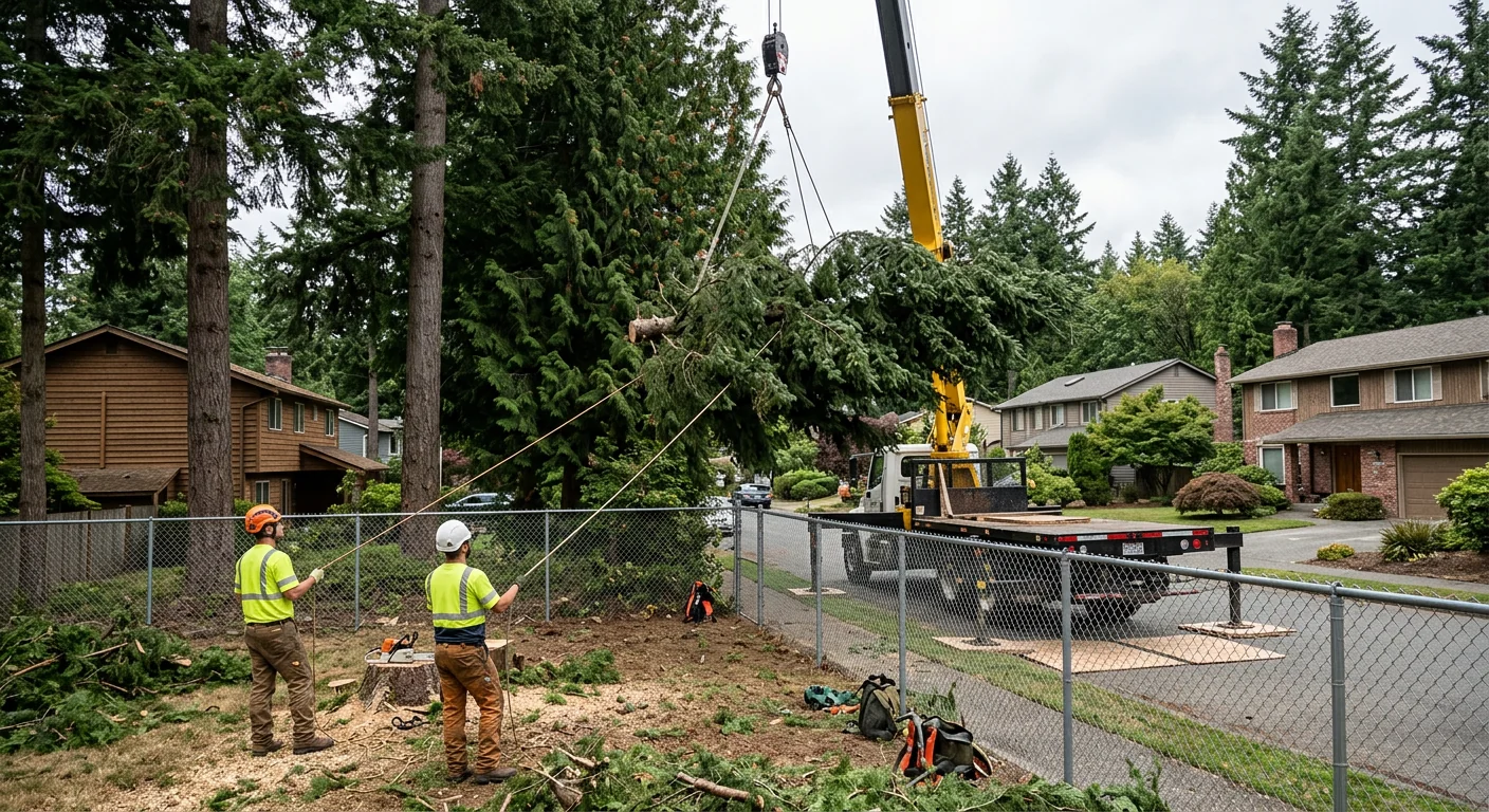 Crane lifting a heavy conifer section over a fenced Sammamish yard during removal