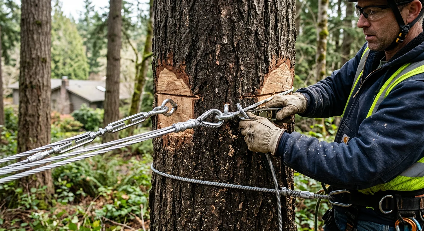 Close-up of precise chainsaw cuts and cabling hardware on a mature hardwood trunk