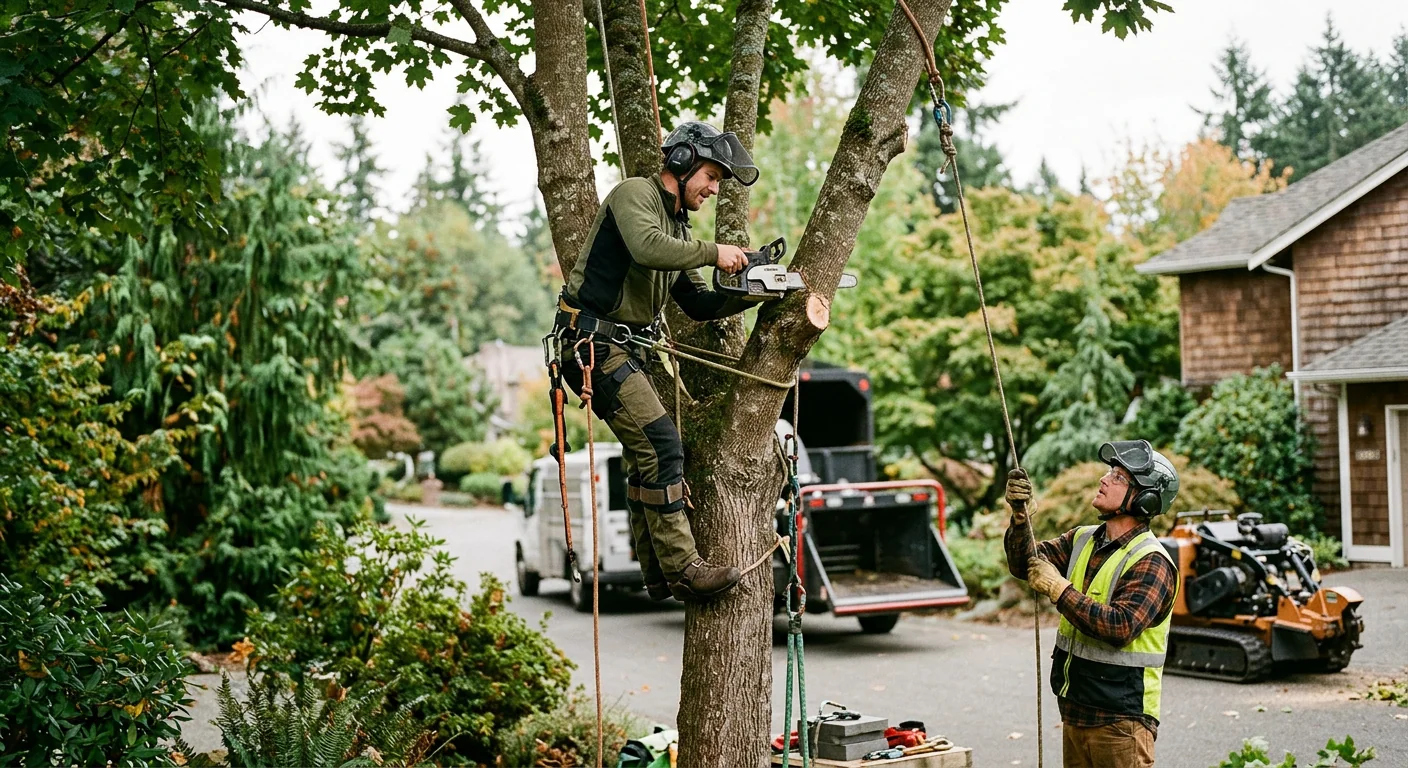 Tree crew reviewing a written work plan and safety gear before a Sammamish removal
