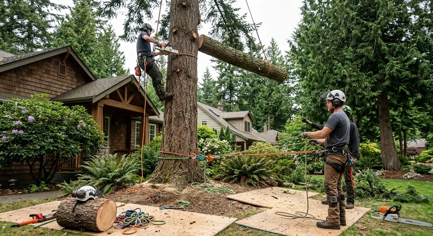 Arborist inspecting a tall evergreen on a Sammamish residential property