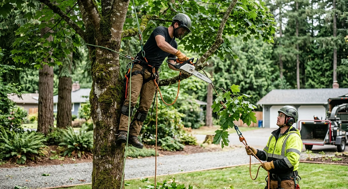 Tree service technicians organizing climbing gear and chainsaws before a job in Sammamish