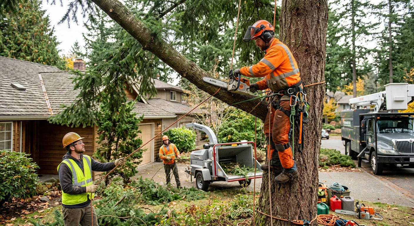Arborist trimming mature trees in a residential Sammamish backyard during spring