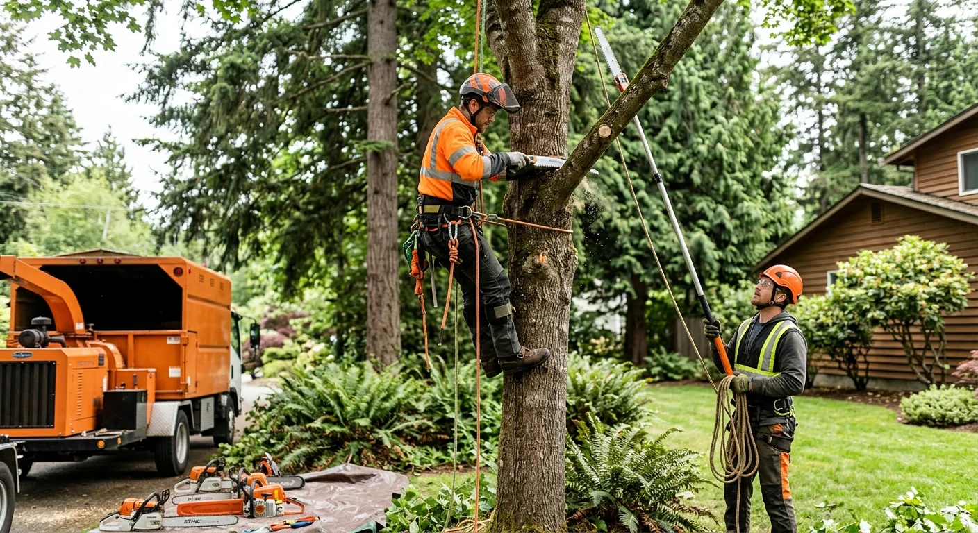 Arborist trimming a tall fir canopy above a Sammamish residential yard