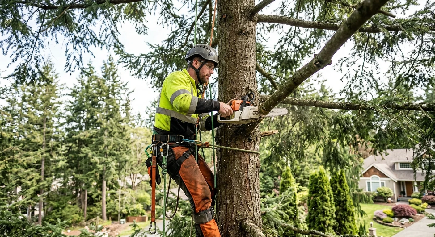 Arborist making a directional pruning cut high in a tall conifer canopy