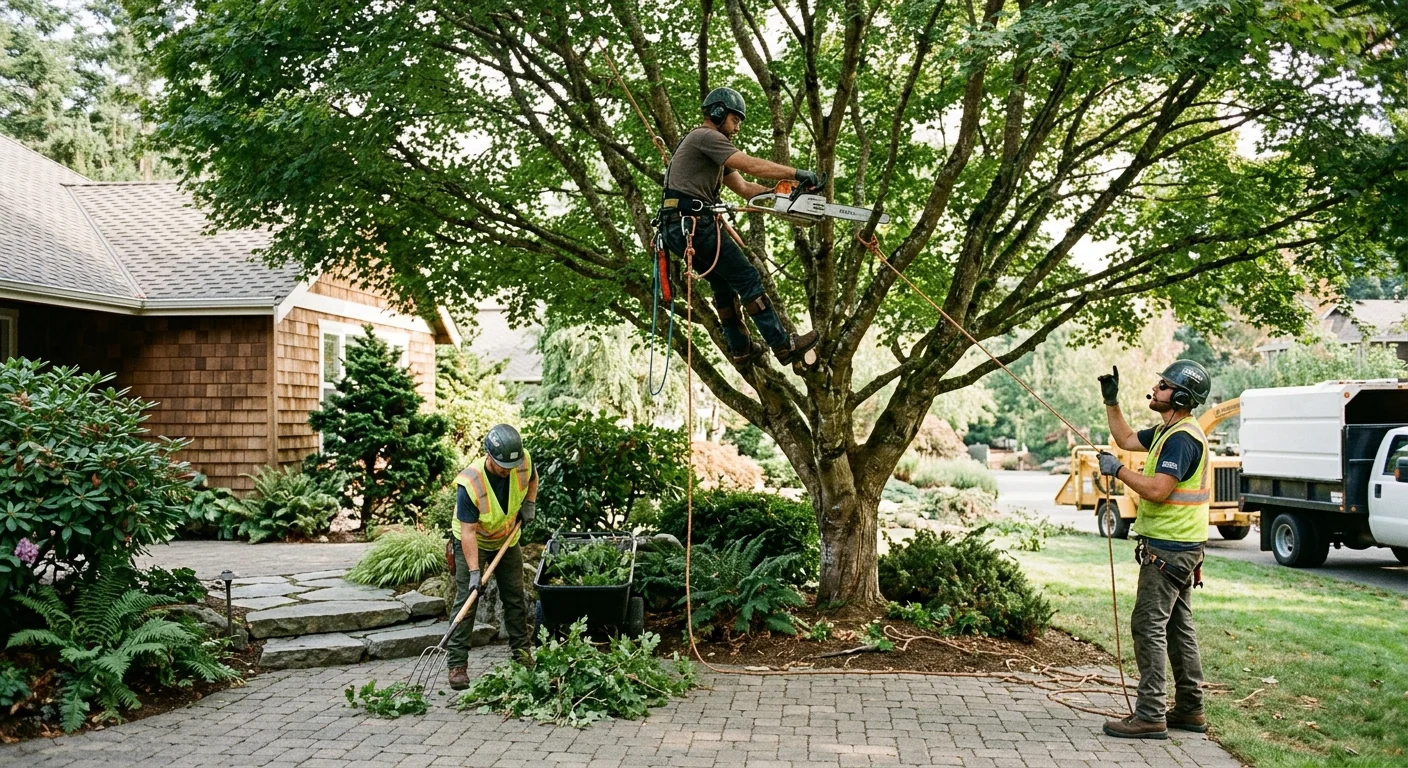 Crew thinning a mature maple crown above a Sammamish backyard patio