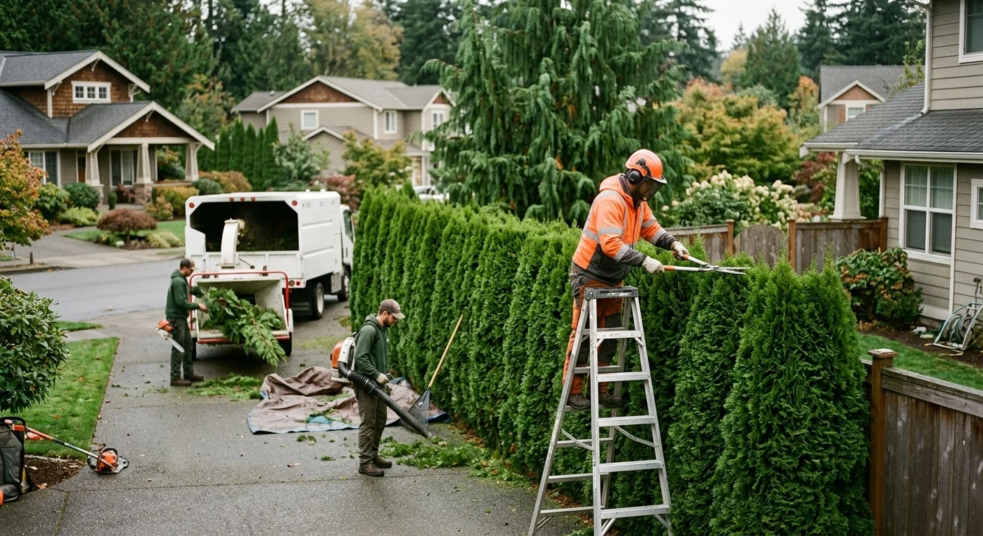 Wide view of a trimmed evergreen row along a suburban property line