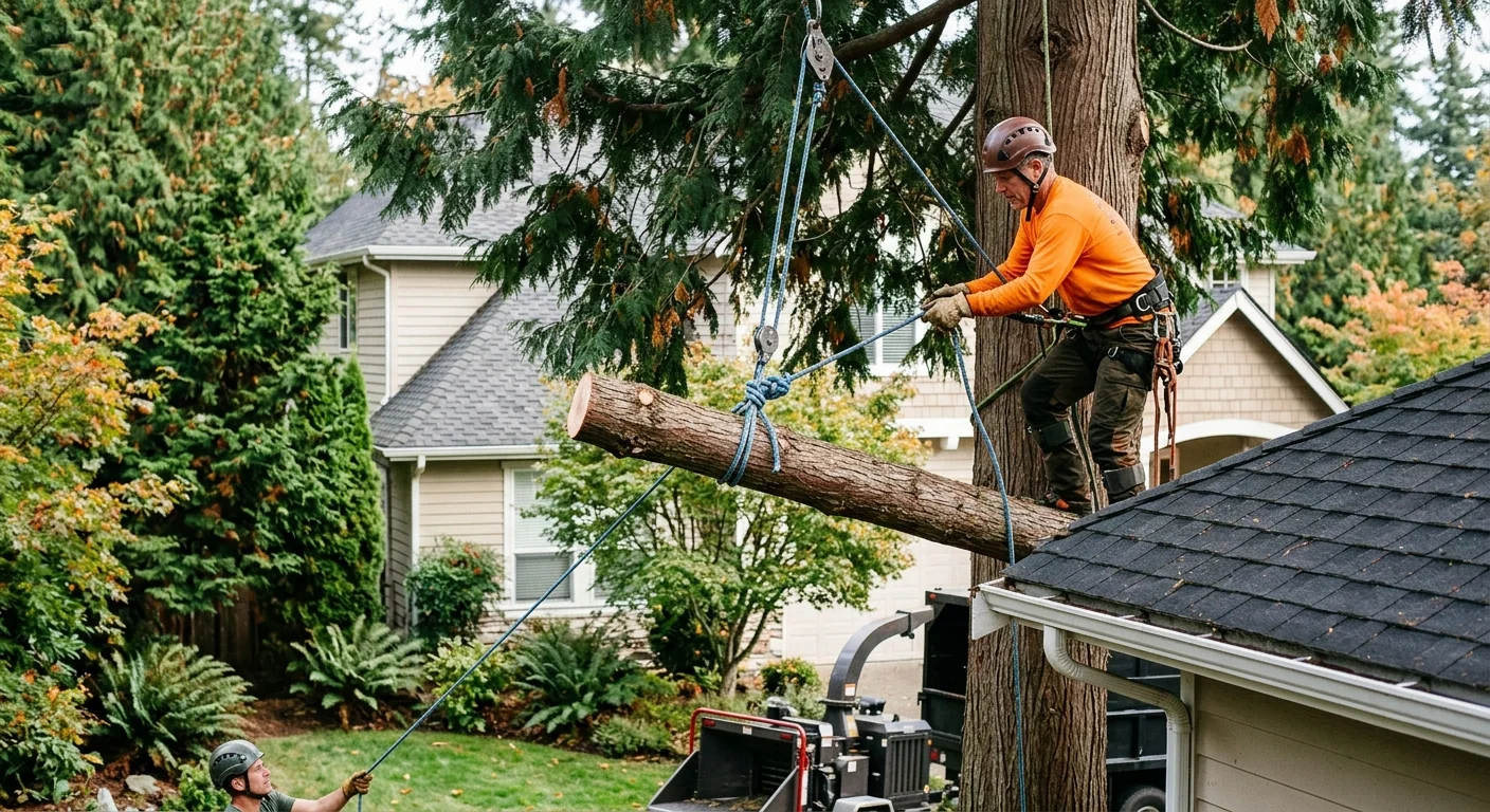 Climber using rigging lines to lower a large limb near a rooftop