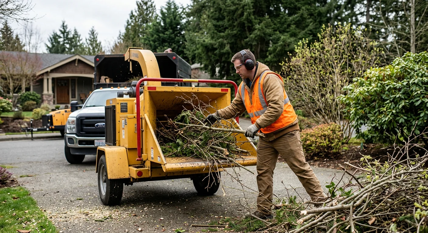 Ground technician feeding branches into a chipper during brush cleanup