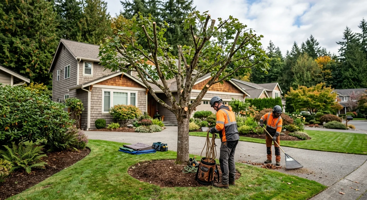 Finished result of a neatly trimmed shade tree in a tidy front yard