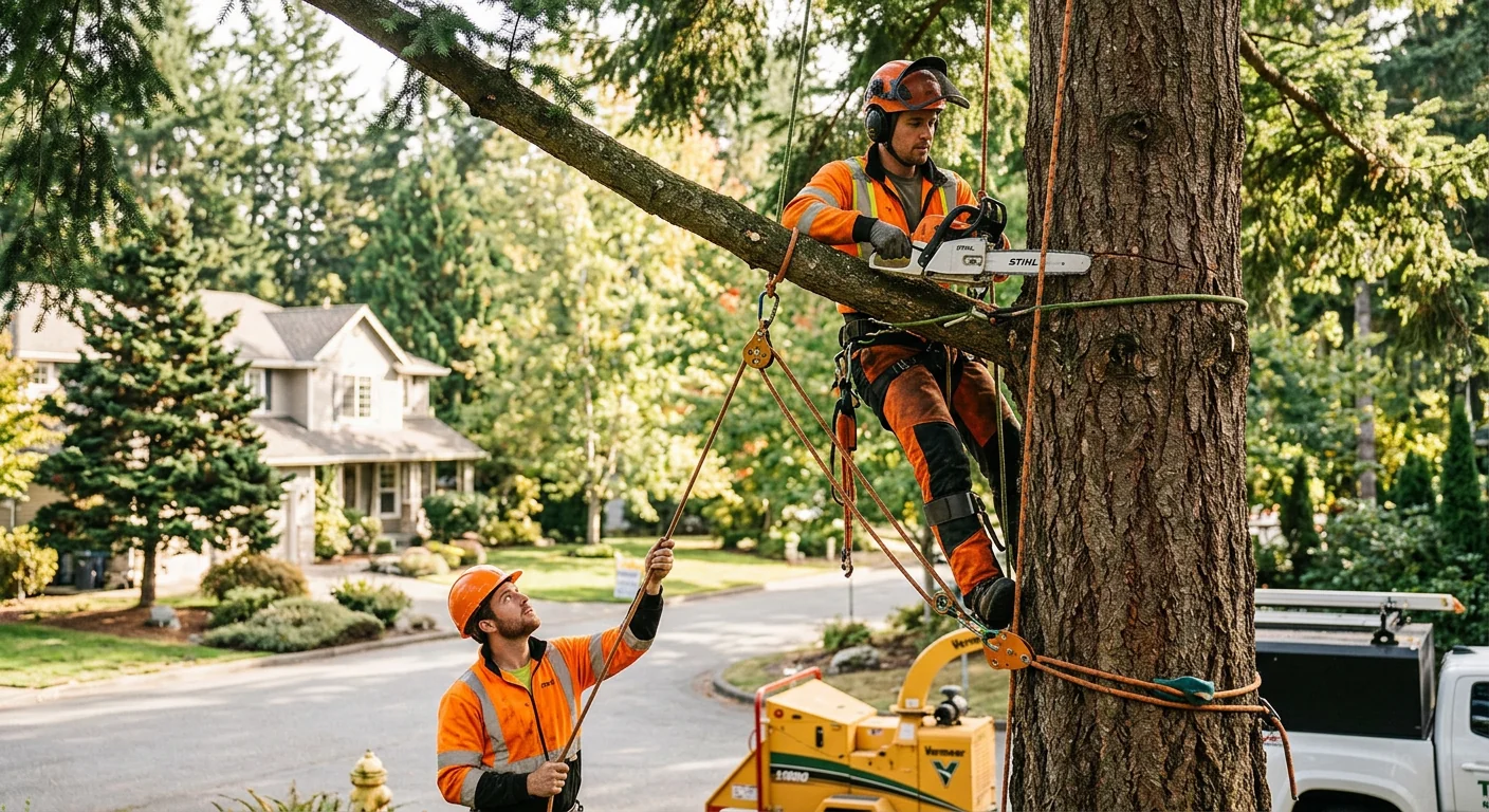 Trained crew reviewing a trimmed tree during a post-job walkthrough with a Sammamish homeowner
